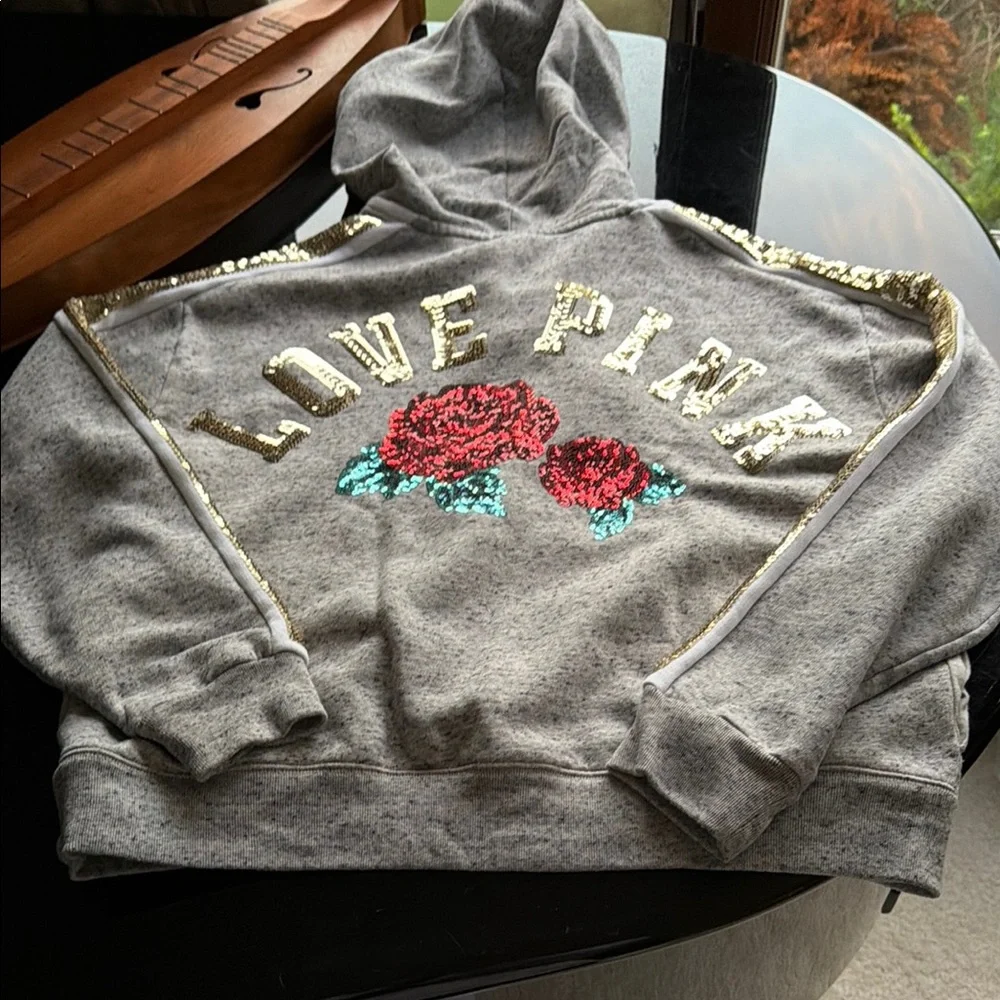 PINK Gold & Roses Sequin Heather Gray Hoodie with Gold Sequin Stripe - Picture 8 of 10